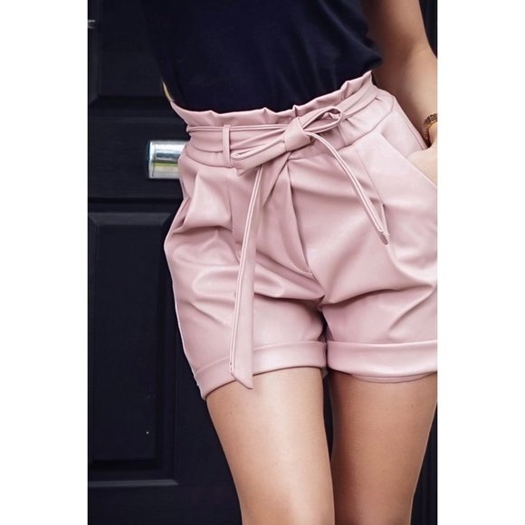 Pink PU Paperbag Waist Hem Shorts w/ Belt #1653 - Picture 3 of 5